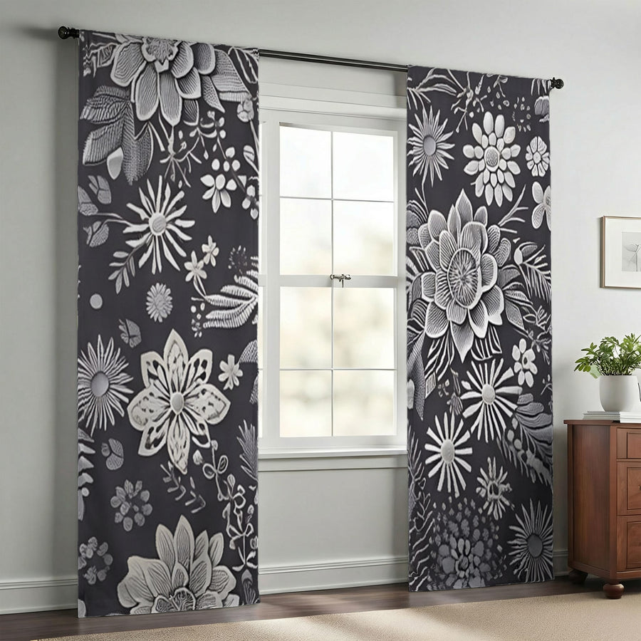 Gray Floral Botanical Pattern Window Curtains