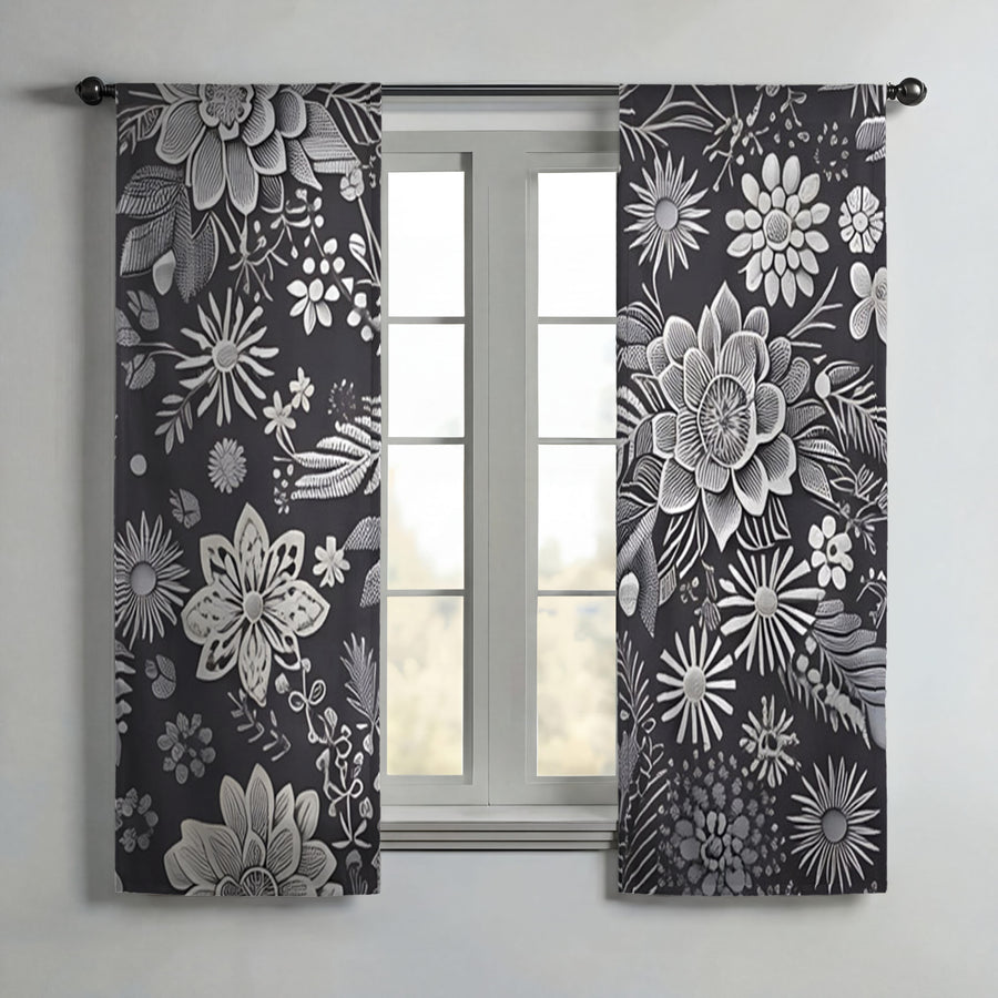 Gray Floral Botanical Pattern Window Curtains