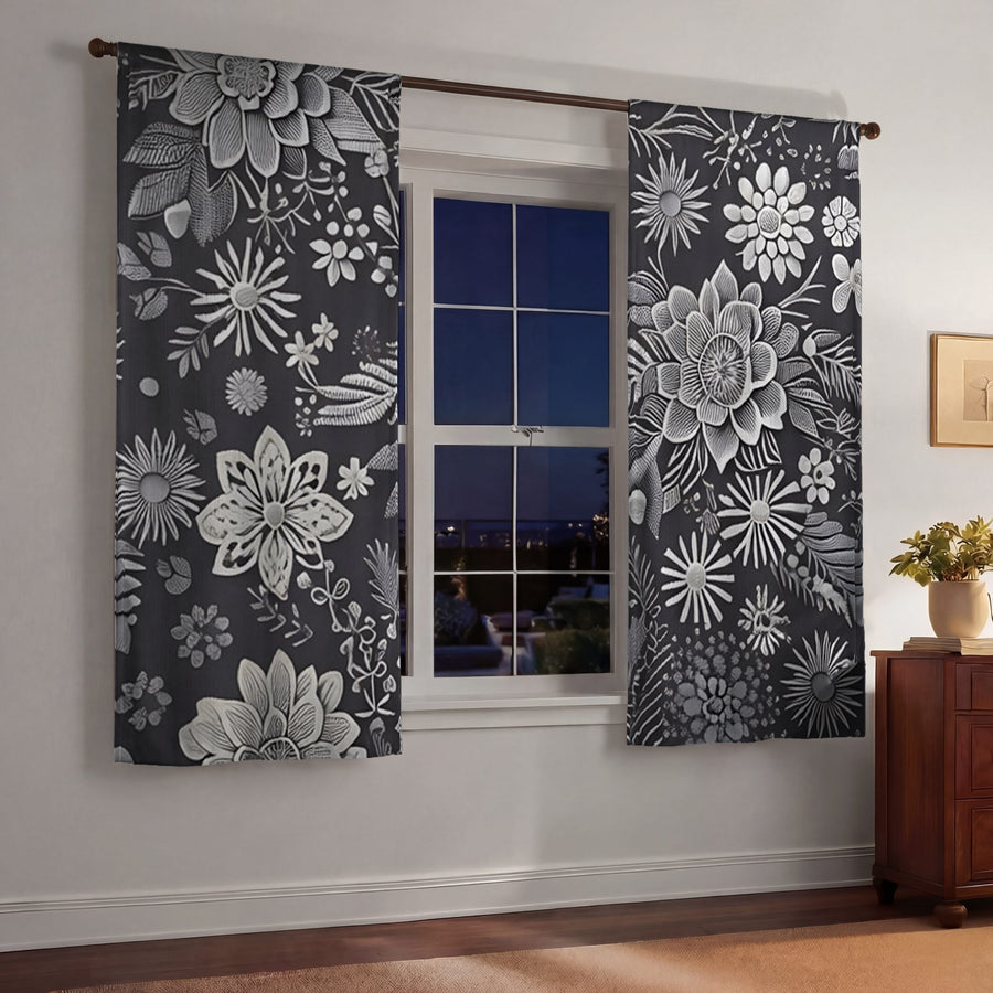 Gray Floral Botanical Pattern Window Curtains