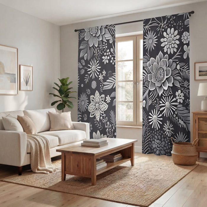 Gray Floral Botanical Pattern Window Curtains