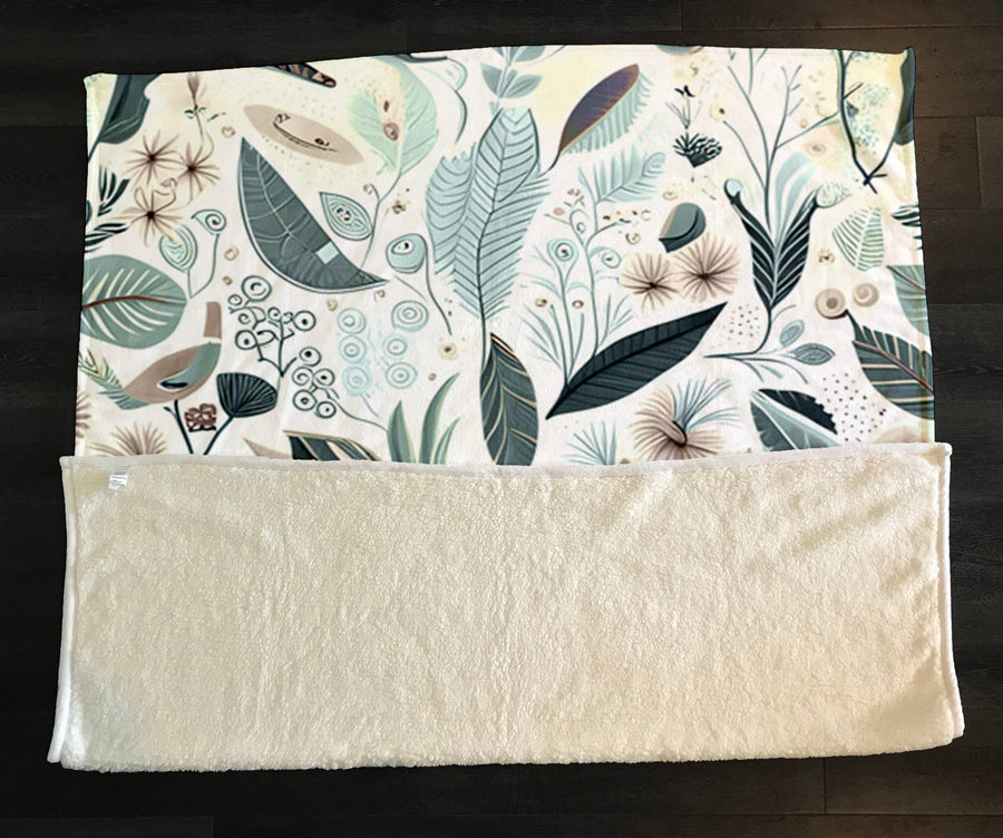 Blue Botanical Woodland Pattern Fleece Sherpa Blanket