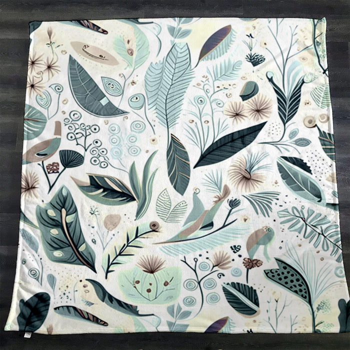 Blue Botanical Woodland Pattern Fleece Sherpa Blanket