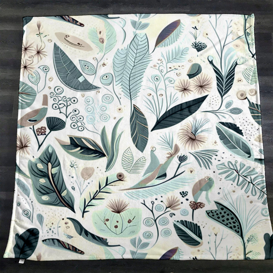Blue Botanical Woodland Pattern Fleece Sherpa Blanket