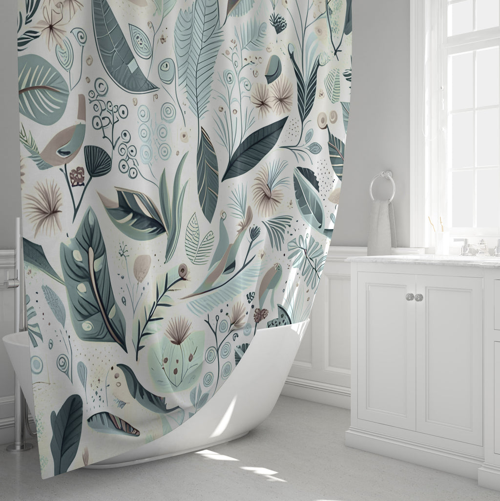Chic Woodland Shower Curtains - White, Blue and Green Whimsical Leaf and Twig Themed Print - Deja Blue Studios