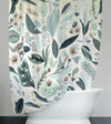 Chic Woodland Shower Curtains - White, Blue and Green Whimsical Leaf and Twig Themed Print - Deja Blue Studios