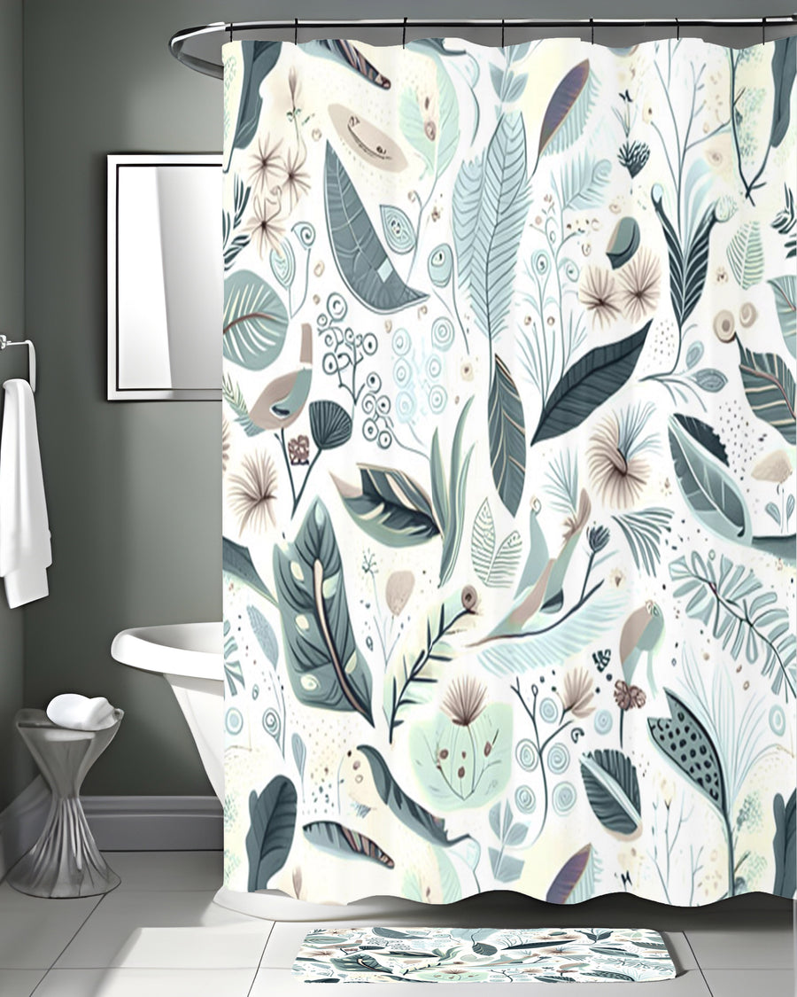 Blue Botanical Woodland Pattern Shower Curtain