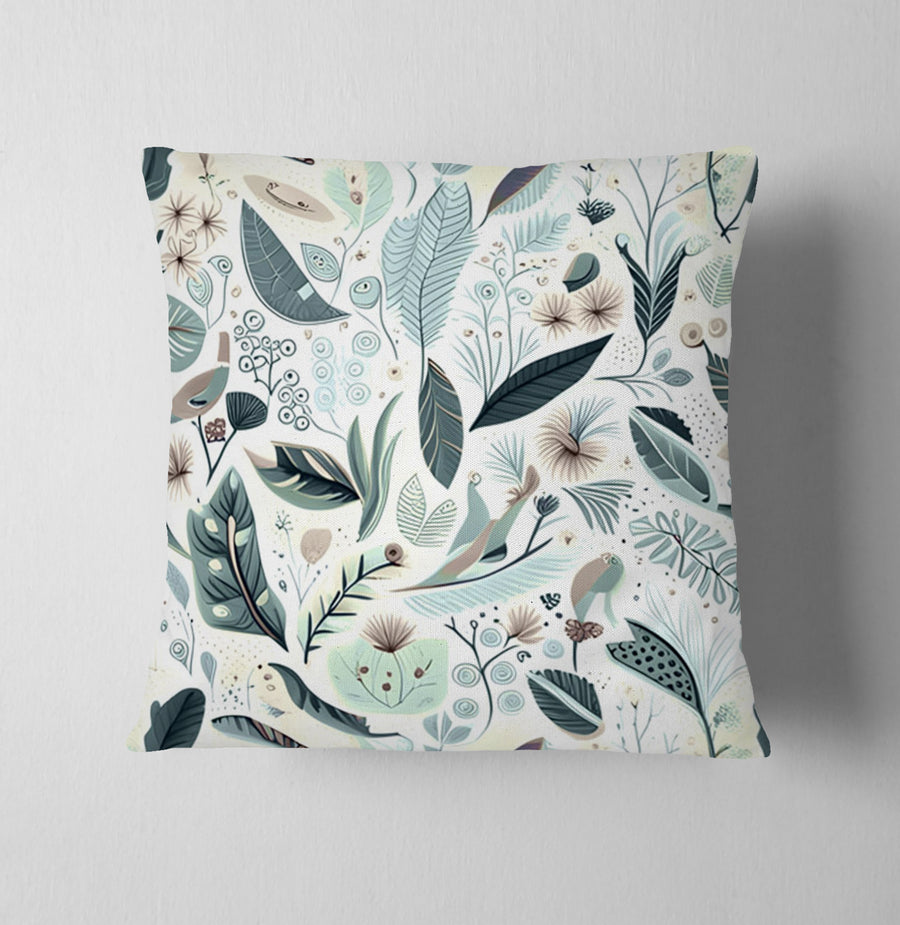 Blue Botanical Woodland Pattern Throw Pillow Cover