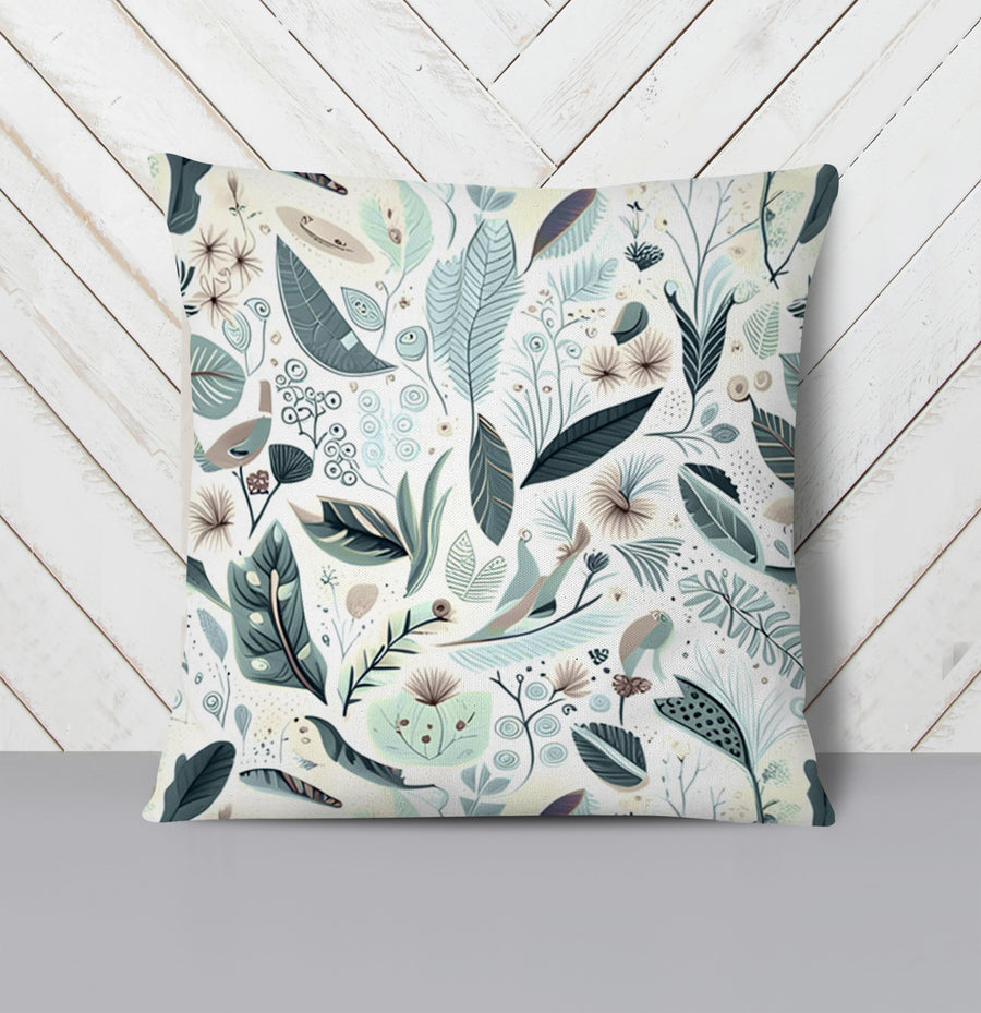 Blue Botanical Woodland Pattern Throw Pillow Cover