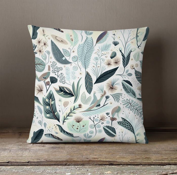 Blue Botanical Woodland Pattern Throw Pillow Cover