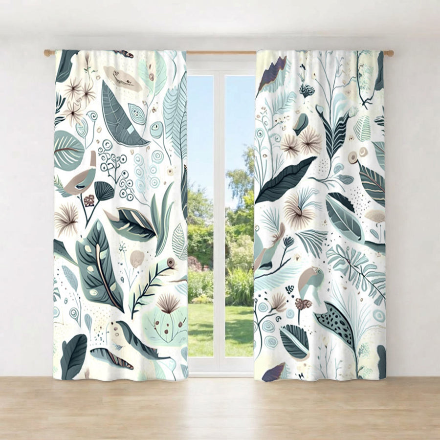 Blue Botanical Woodland Pattern Window Curtains