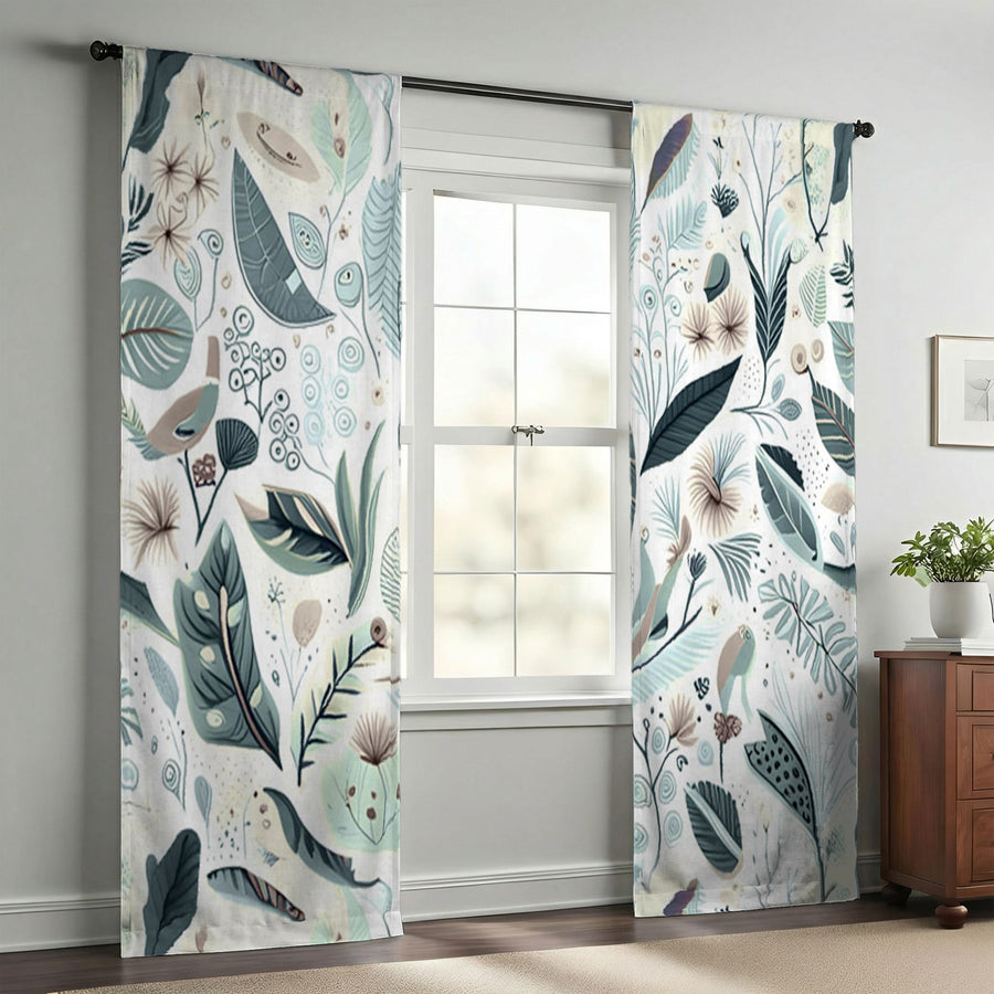 Blue Botanical Woodland Pattern Window Curtains