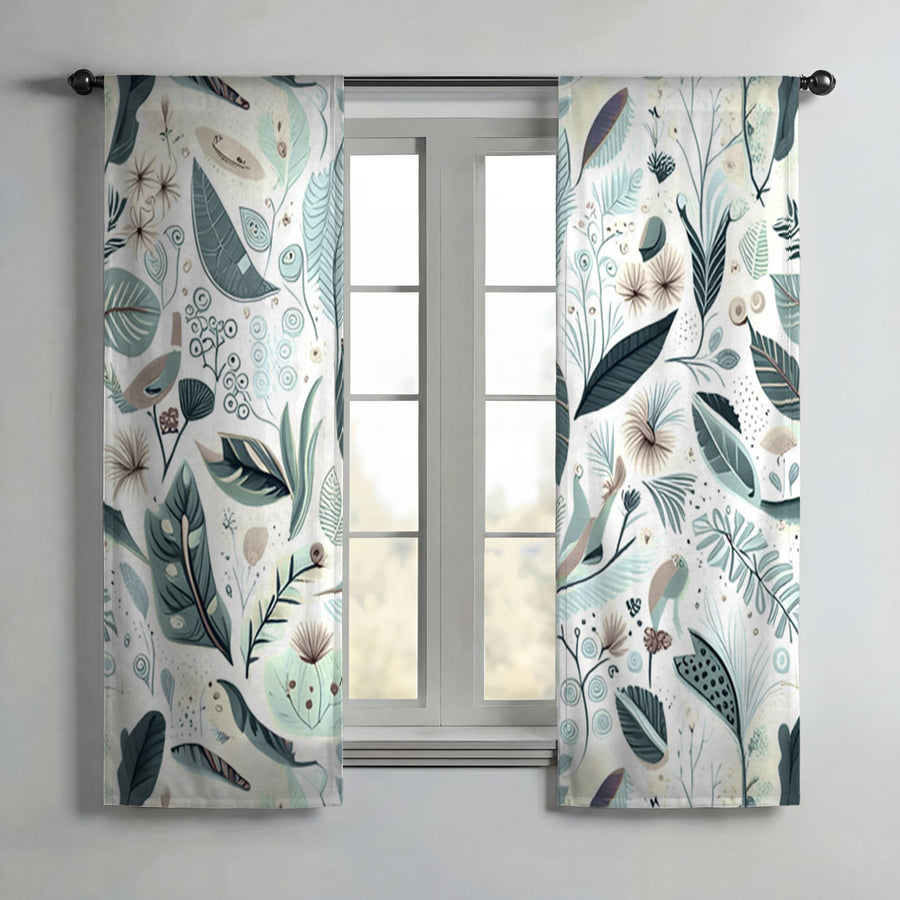 Blue Botanical Woodland Pattern Window Curtains