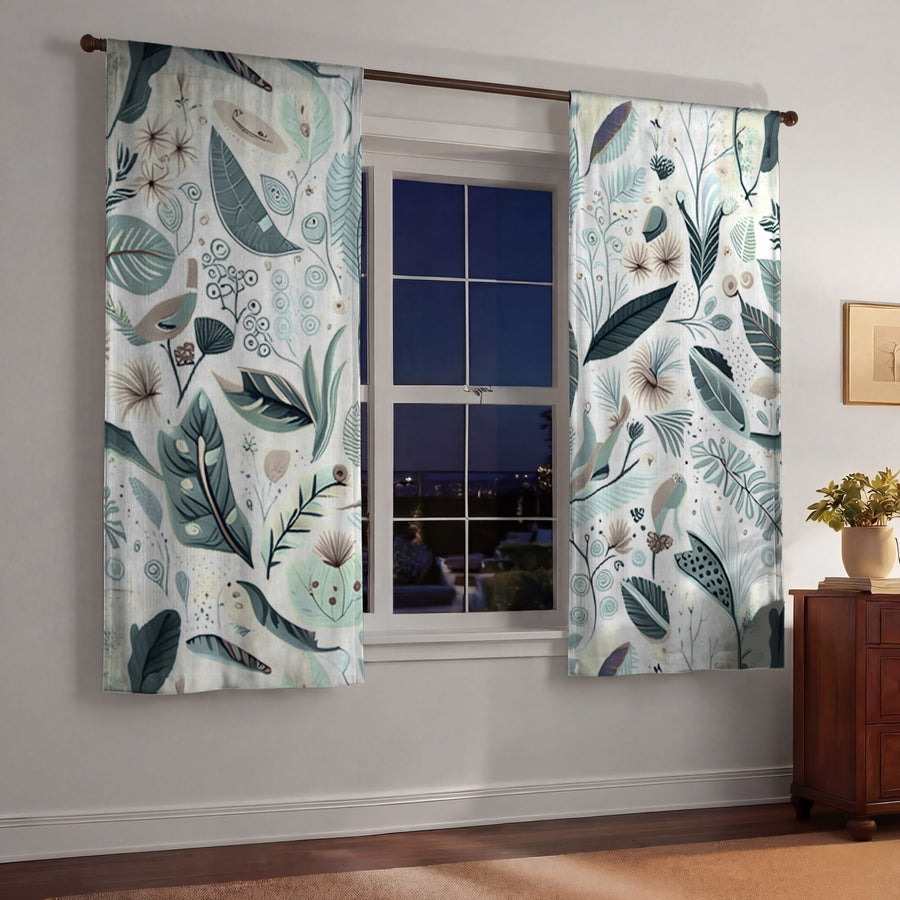Blue Botanical Woodland Pattern Window Curtains
