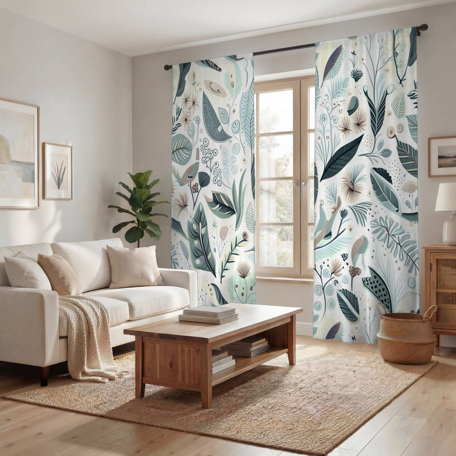 Blue Botanical Woodland Pattern Window Curtains