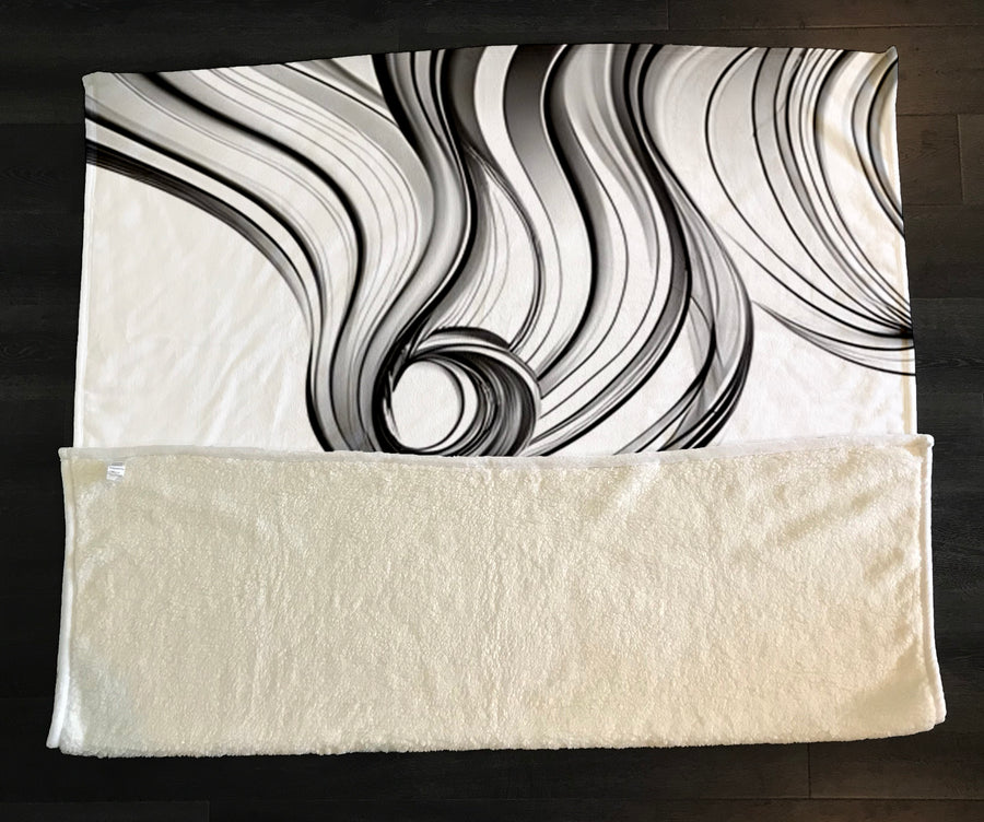 Black and White Fluid Line Abstract Pattern Fleece Sherpa Blanket
