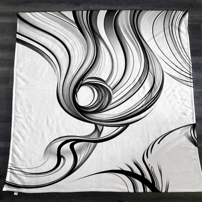 Black and White Fluid Line Abstract Pattern Fleece Sherpa Blanket