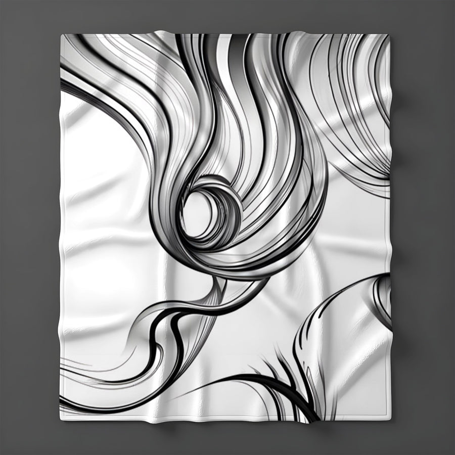 Black and White Fluid Line Abstract Pattern Fleece Sherpa Blanket