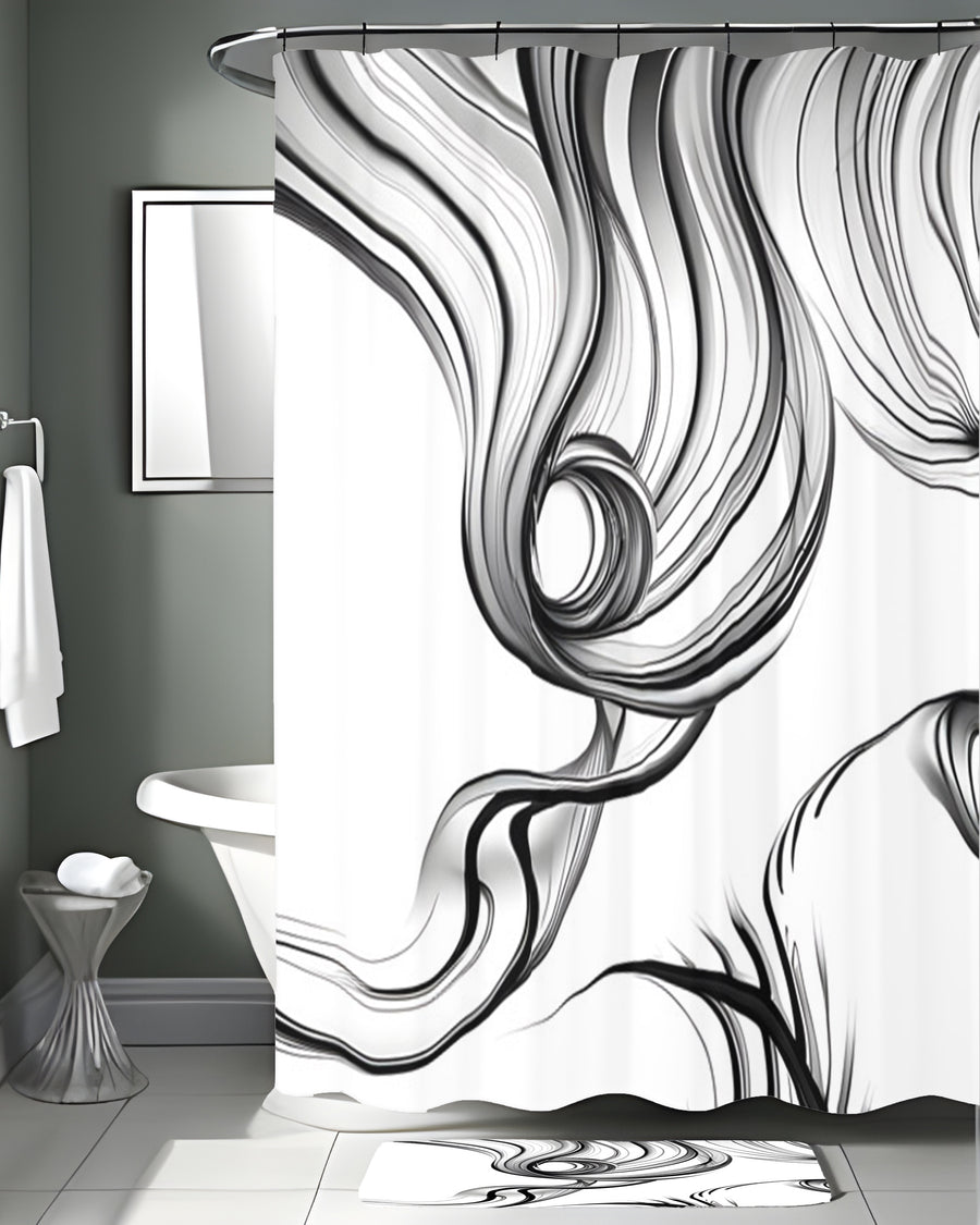 Black and White Fluid Line Abstract Pattern Shower Curtain