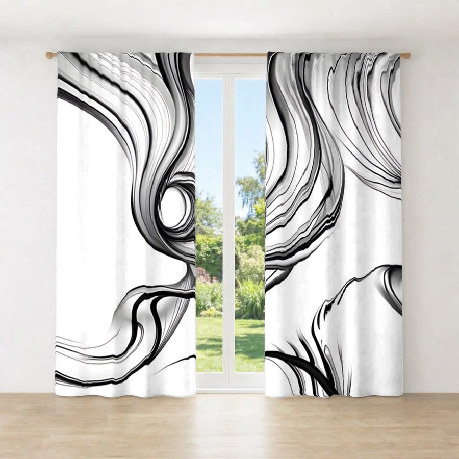 Black and White Fluid Line Abstract Pattern Window Curtains