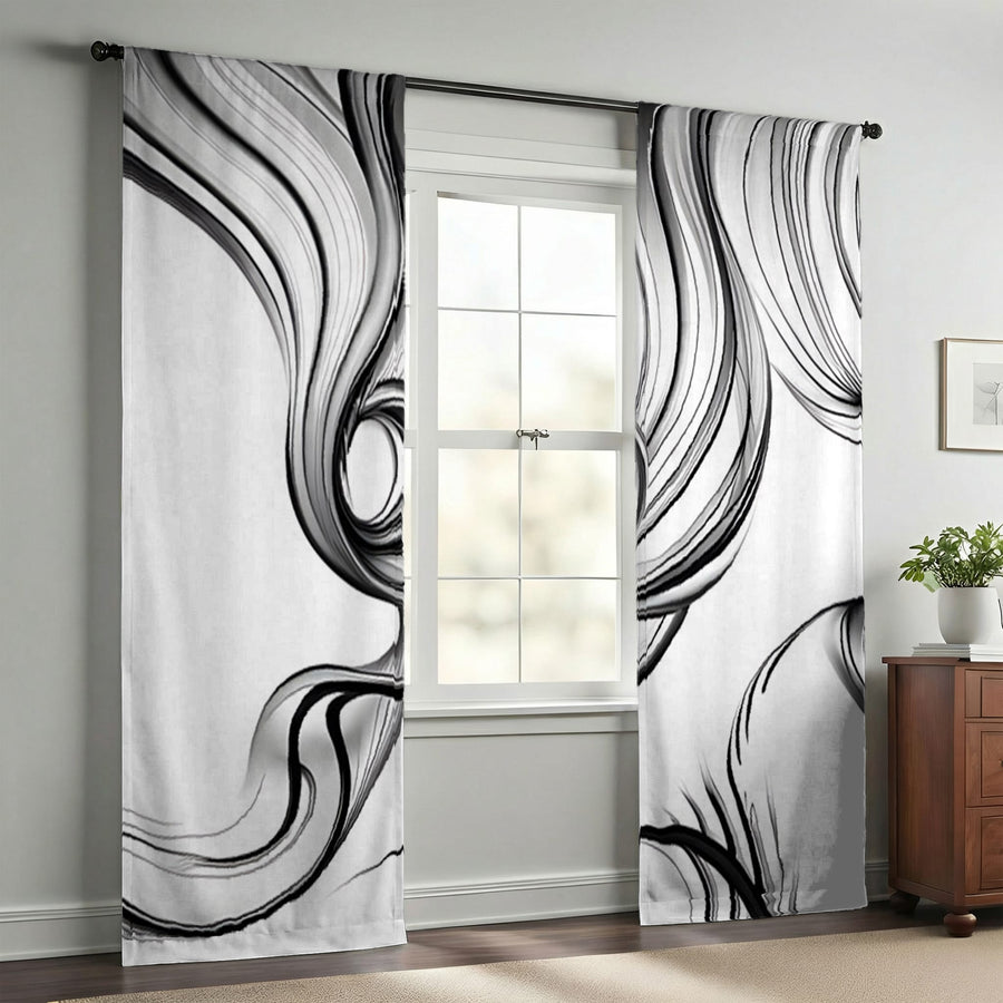 Black and White Fluid Line Abstract Pattern Window Curtains