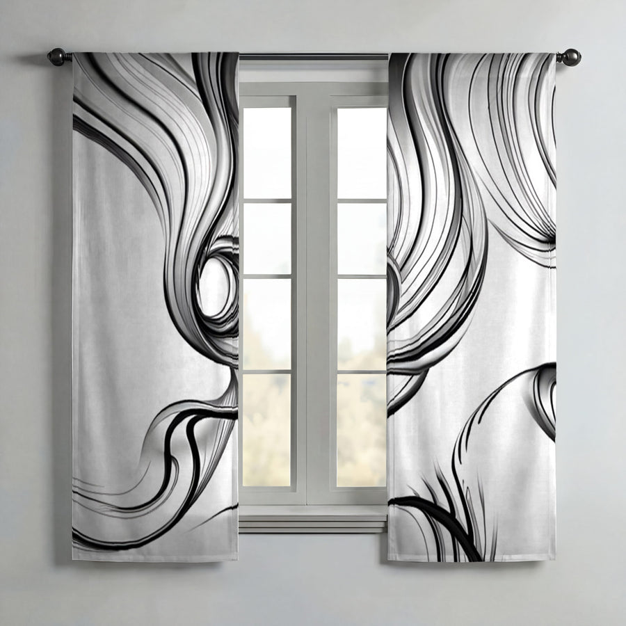 Black and White Fluid Line Abstract Pattern Window Curtains