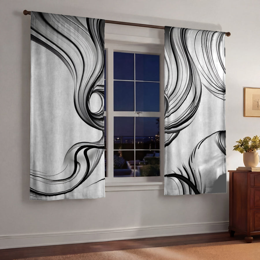 Black and White Fluid Line Abstract Pattern Window Curtains