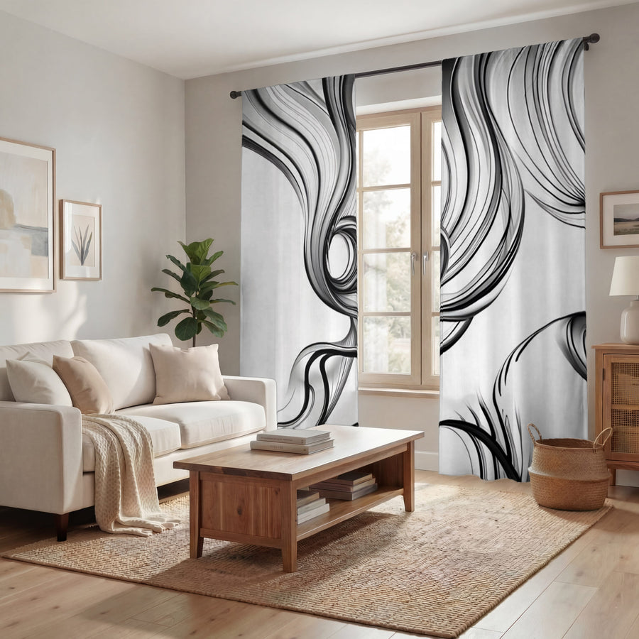 Black and White Fluid Line Abstract Pattern Window Curtains