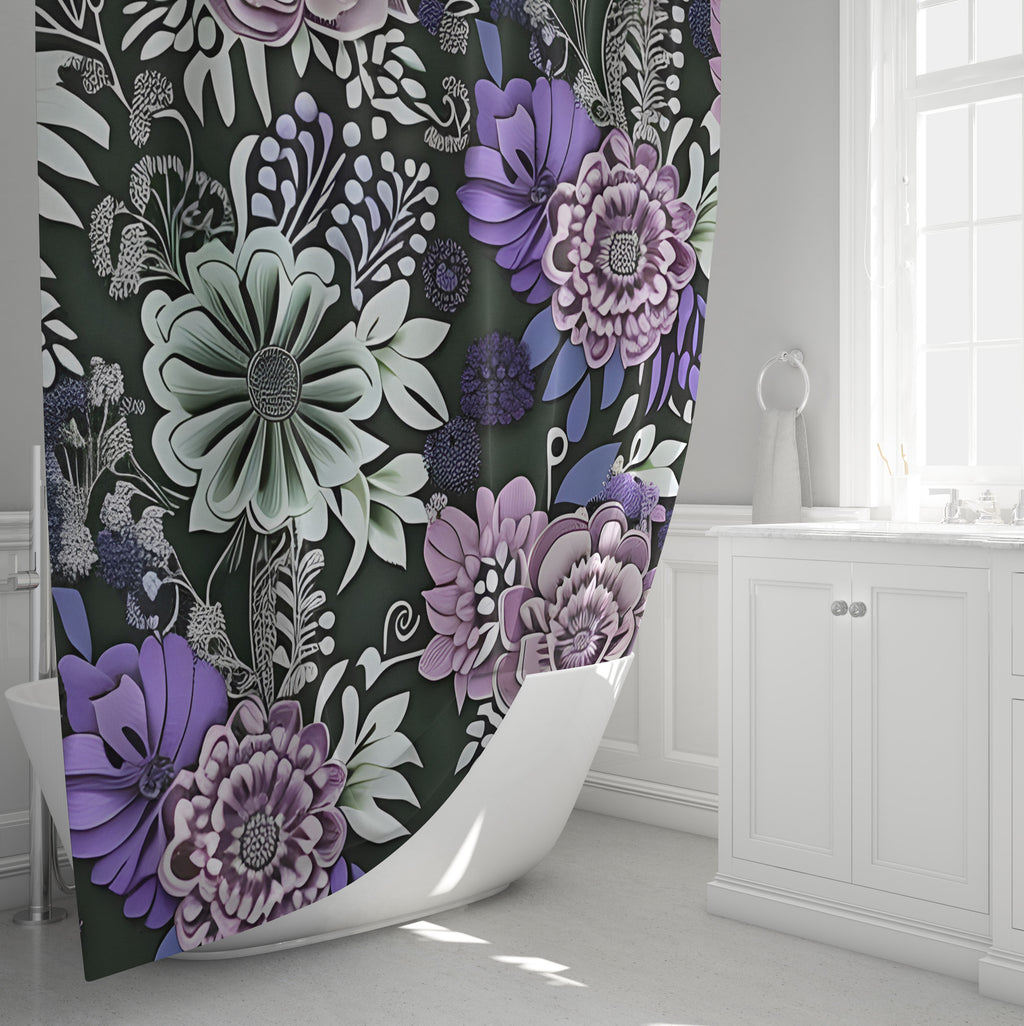 Floral Shower Curtains - Bold Pink and Purple Large Flowers Print - Deja Blue Studios