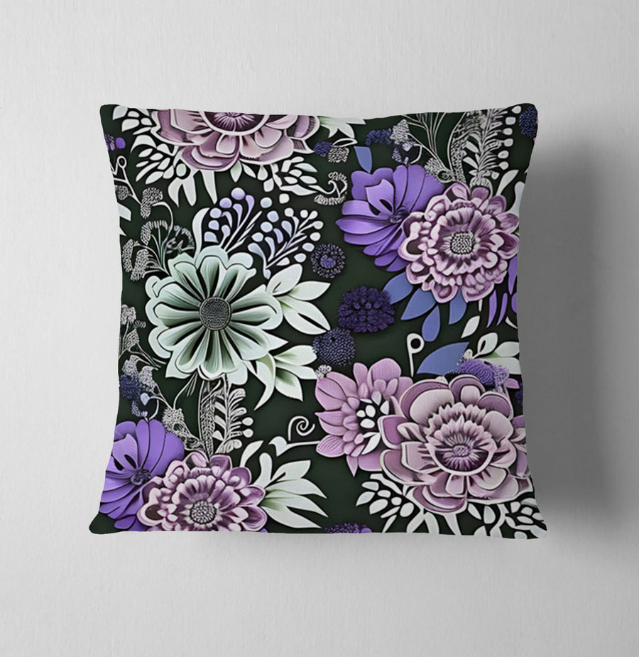 Purple Floral Garden Pattern Throw Pillow Cover