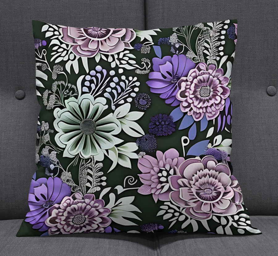 Purple Floral Garden Pattern Throw Pillow Cover