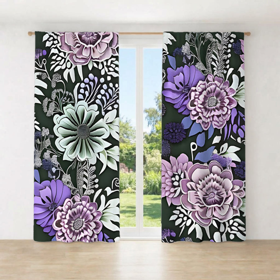 Purple Floral Garden Pattern Window Curtains