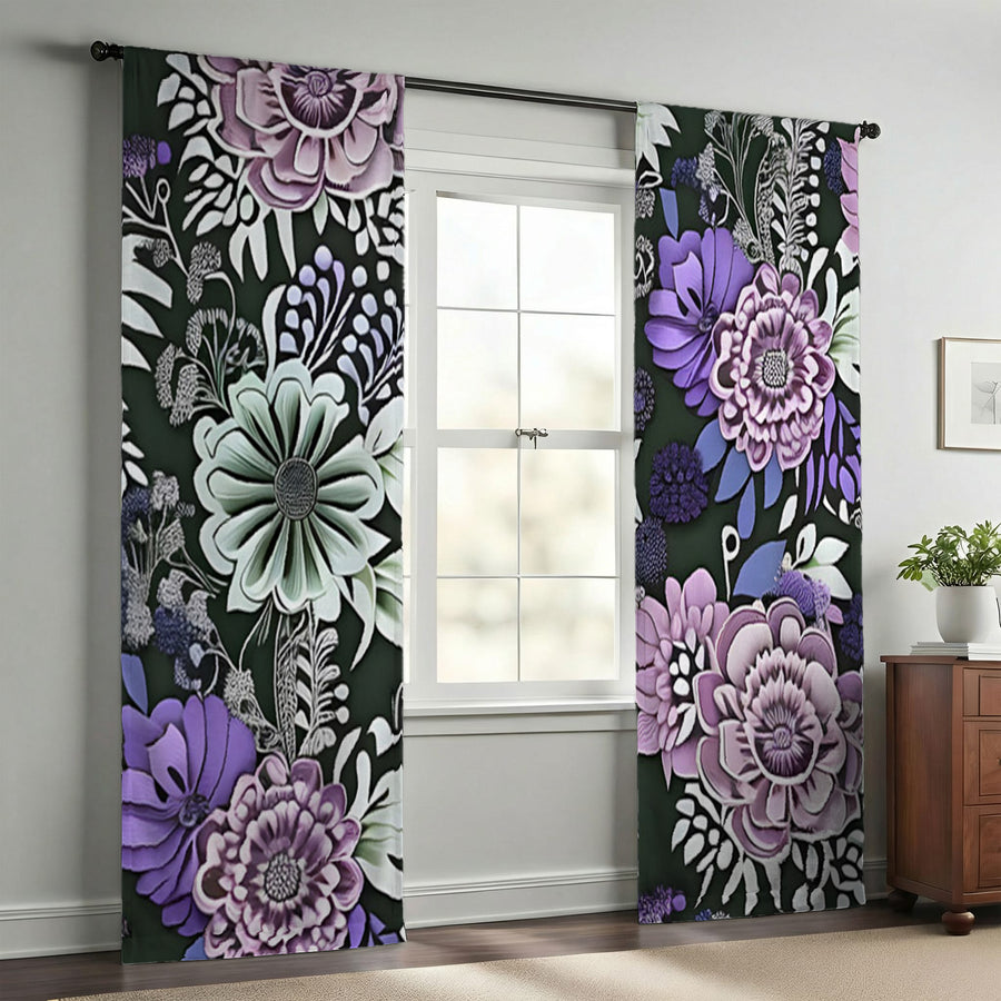 Purple Floral Garden Pattern Window Curtains