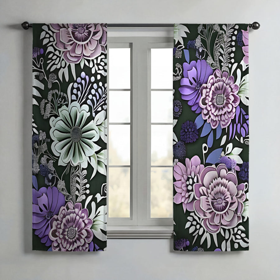 Purple Floral Garden Pattern Window Curtains