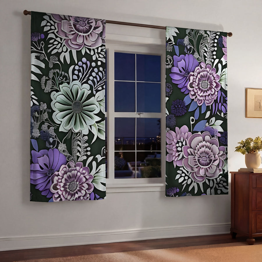 Purple Floral Garden Pattern Window Curtains