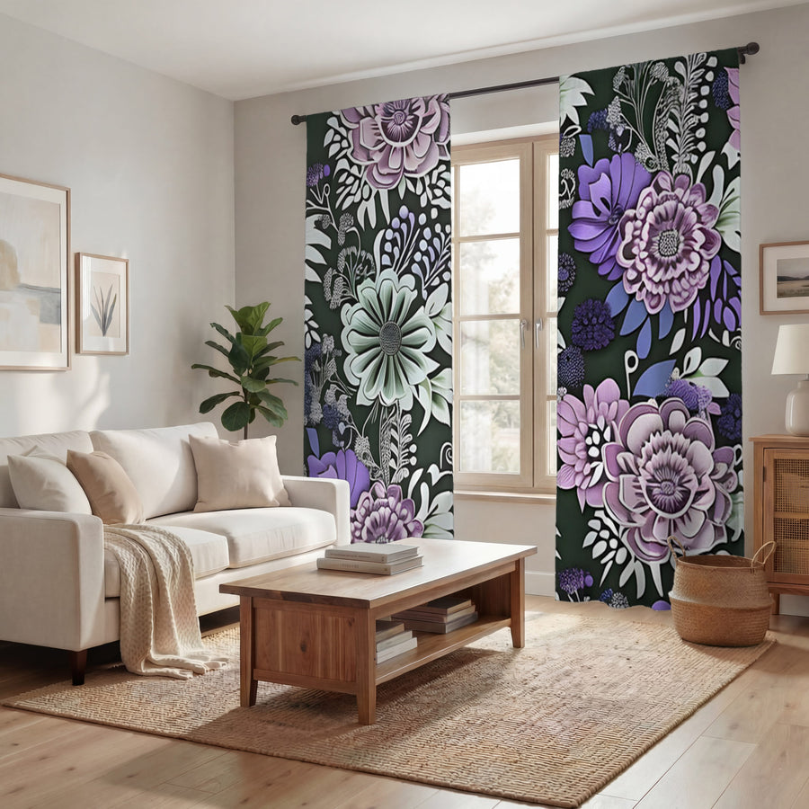 Purple Floral Garden Pattern Window Curtains