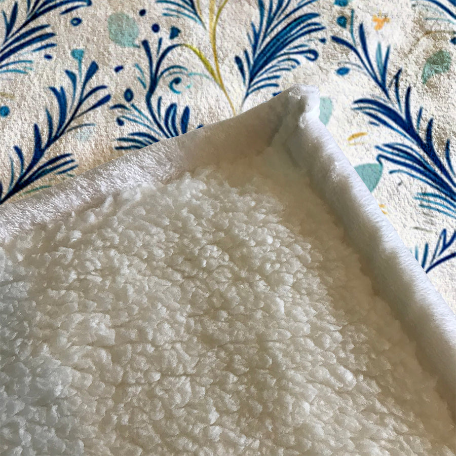 Blue Botanical Vine Pattern Fleece Sherpa Blanket