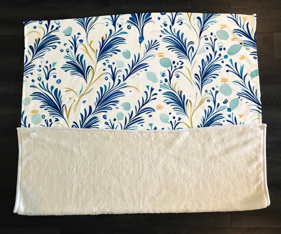 Blue Botanical Vine Pattern Fleece Sherpa Blanket