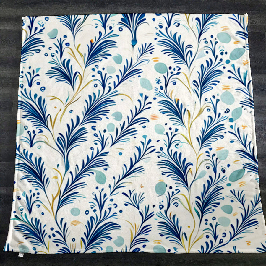 Blue Botanical Vine Pattern Fleece Sherpa Blanket