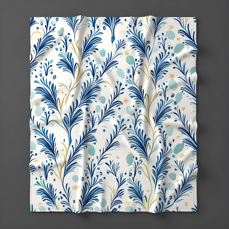 Blue Botanical Vine Pattern Fleece Sherpa Blanket