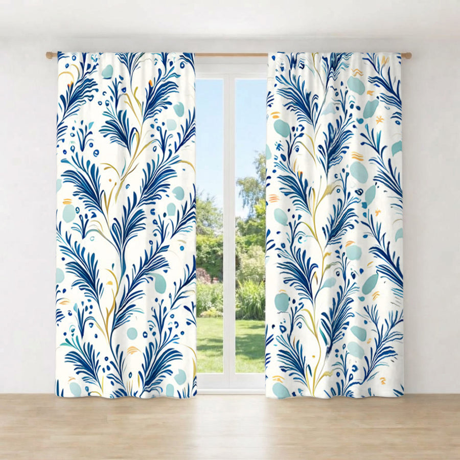 Blue Botanical Vine Pattern Window Curtains