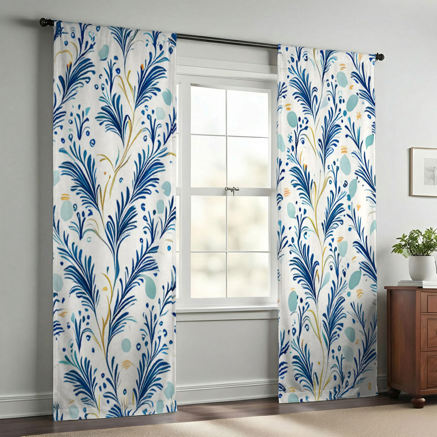 Blue Botanical Vine Pattern Window Curtains