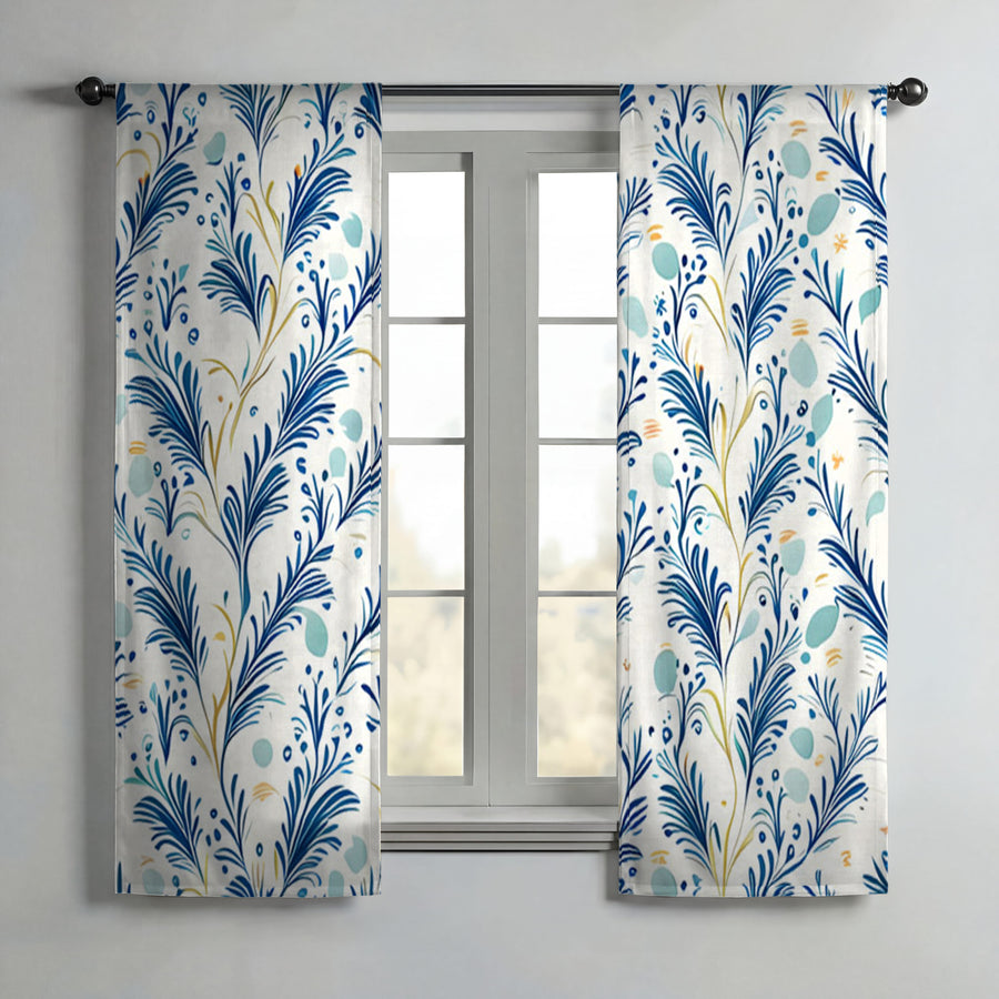 Blue Botanical Vine Pattern Window Curtains