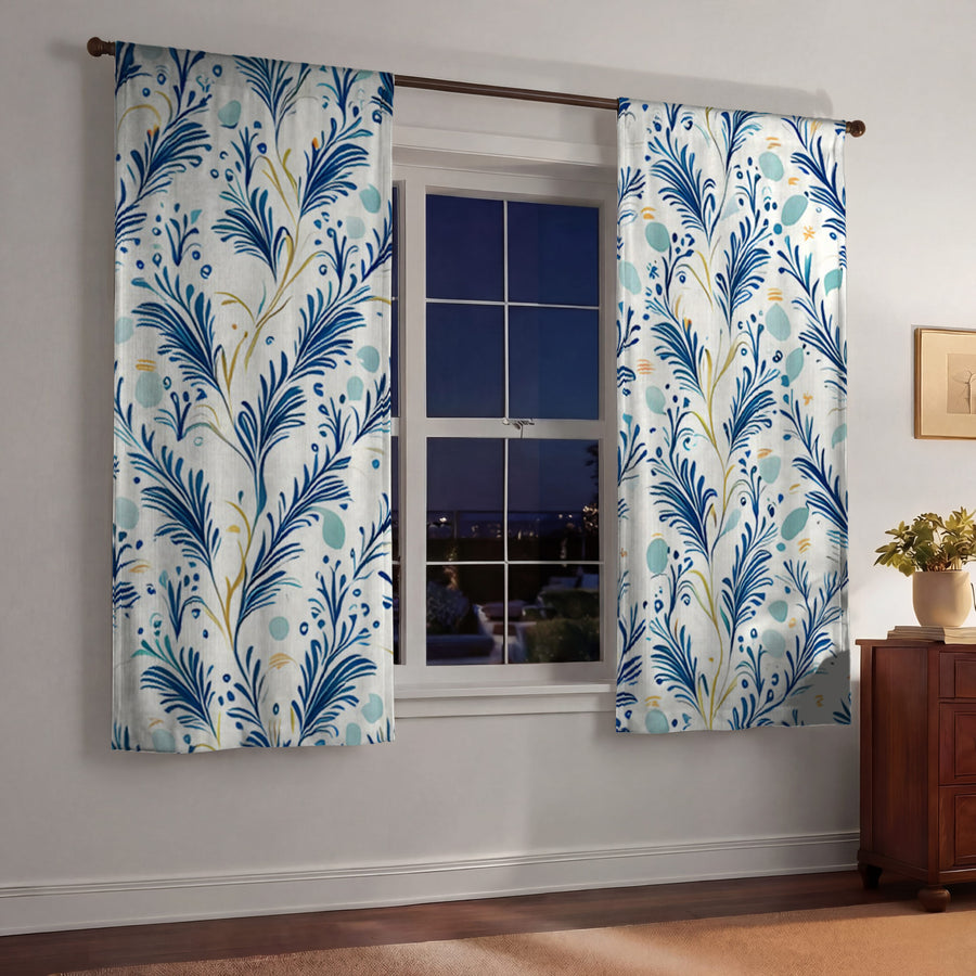 Blue Botanical Vine Pattern Window Curtains