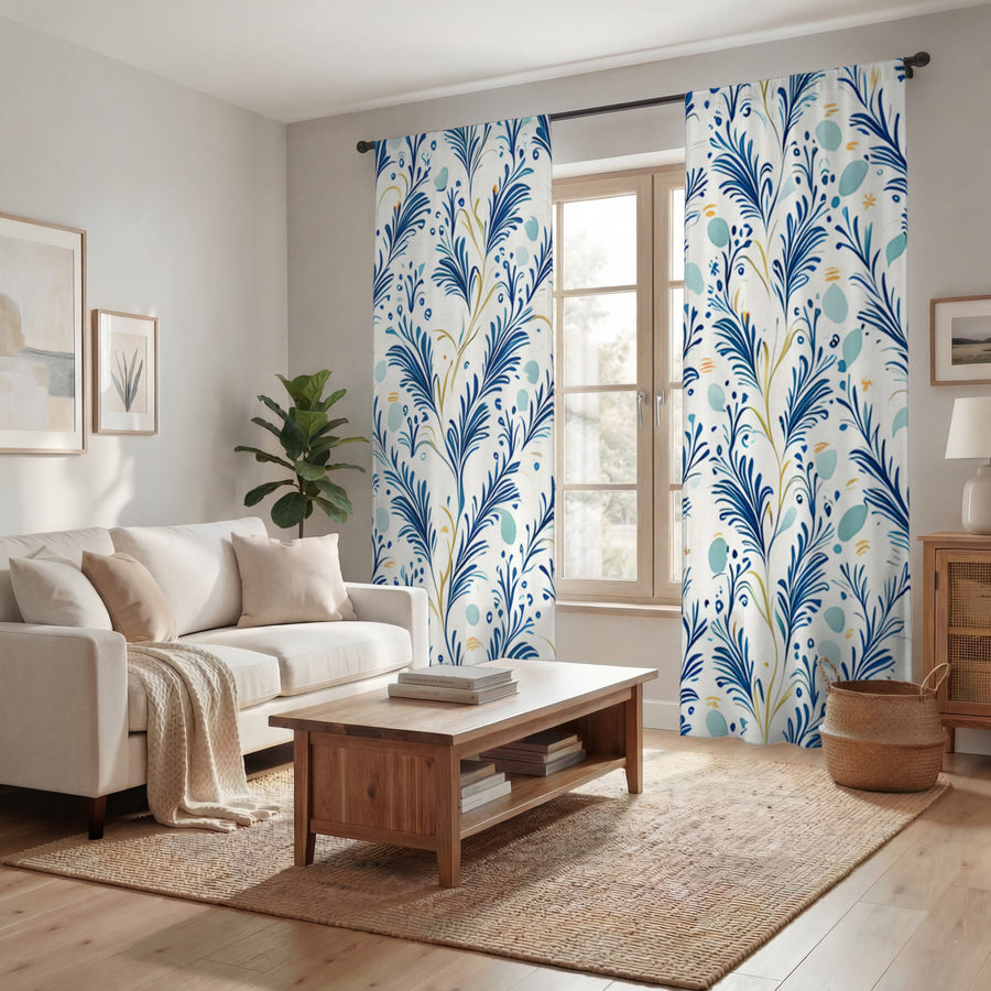 Blue Botanical Vine Pattern Window Curtains