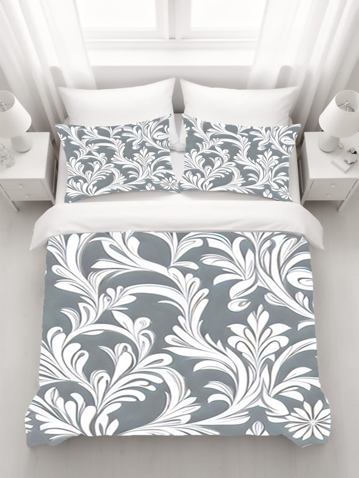 Gray Ornamental Damask Pattern Duvet Cover