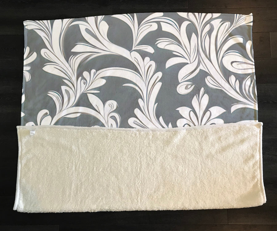 Gray Ornamental Damask Pattern Fleece Sherpa Blanket