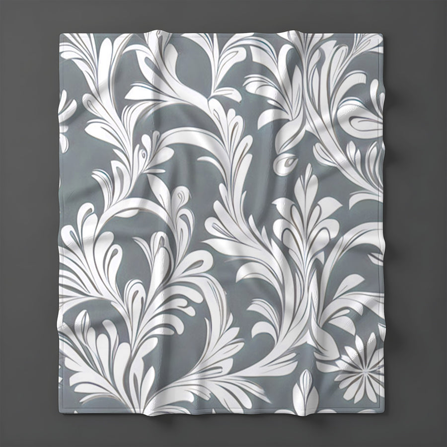 Gray Ornamental Damask Pattern Fleece Sherpa Blanket