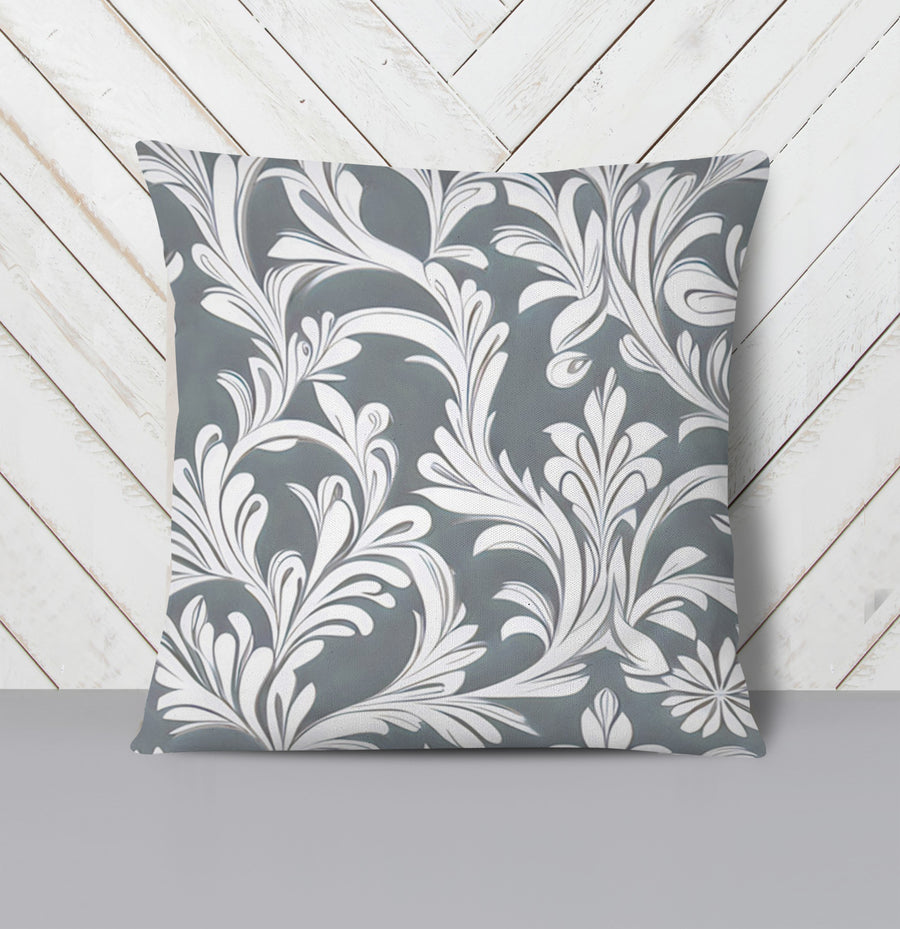Gray Ornamental Damask Pattern Throw Pillow Cover
