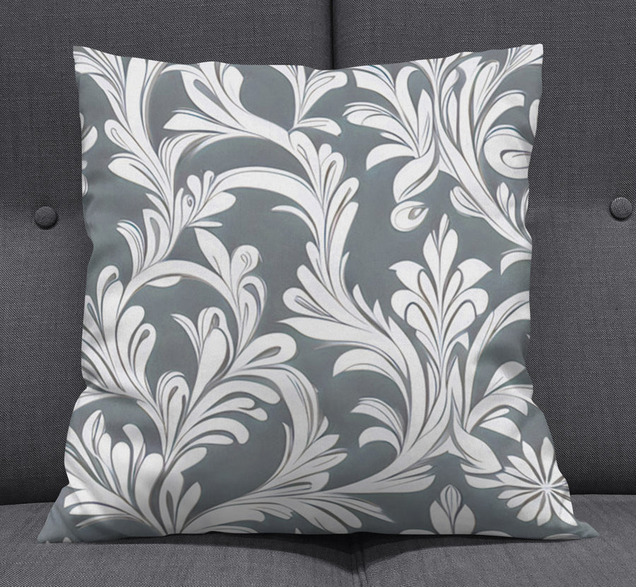 Gray Ornamental Damask Pattern Throw Pillow Cover