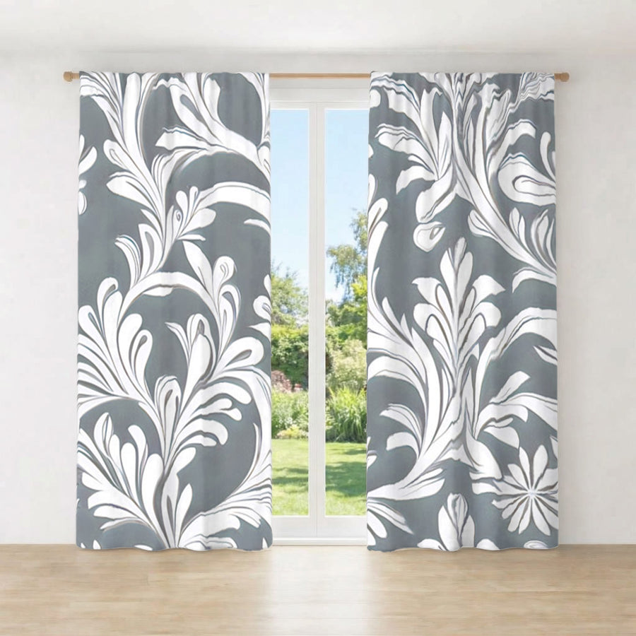 Gray Ornamental Damask Pattern Window Curtains